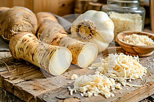 Fresh Organic Horseradish Roots and Grated Horseradish on Wooden Board in Rustic Kitchen Setting