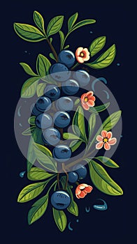 Fresh Organic Huckleberry Berry Vertical Trendy Illustration.