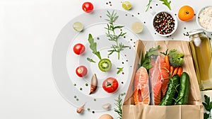 Fresh organic ingredients in a paper bag, healthy food concept. Salmon, vegetables on white background. Cooking at home