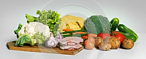 Fresh organic local farm food - group of vegetables, eggs and meat