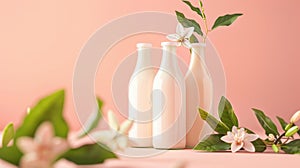 Fresh Organic Milk Bottles with Blossom on Pastel Background