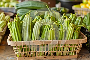 Fresh Organic Okra Displayed in a Rustic Basket at a Local Farmers Market with Vegetables in Background