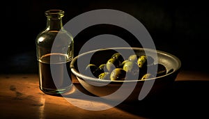 Fresh organic olive oil in a bowl with green olives generated by AI