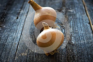 Fresh organic onions on wood