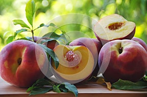 Fresh organic peaches on table