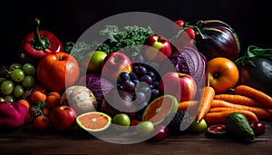 Fresh organic produce collection on wooden table, healthy meal variation generated by AI