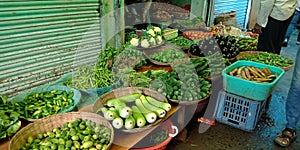 fresh organic produce green vegetables goods store on road