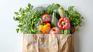 Fresh organic produce in a recyclable paper bag on a white background, concept of sustainable grocery shopping