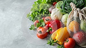 Fresh organic produce in a recyclable paper bag on a white background, concept of sustainable grocery shopping