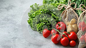 Fresh organic produce in a recyclable paper bag on a white background, concept of sustainable grocery shopping