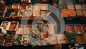 Fresh organic produce variety sold by market vendor in city street generated by AI