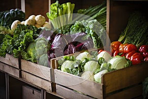 fresh organic produce in wooden crates