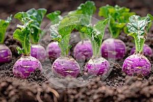Fresh Organic Purple Kohlrabi Growing in Healthy Soil in Vegetable Garden, Close up of Edible Turnip Cabbage Plants