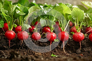 Fresh Organic Radishes Growing in Fertile Soil in Garden or Farm Agriculture, Gardening, and Healthy Eating Concept