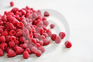 Fresh organic raspberries. Fruit background with copy space. Summer and berries harvest concept. Vegan, vegetarian, raw