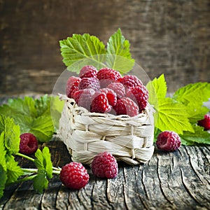 Fresh organic raspberry in basket.