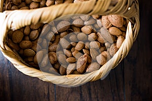 Fresh Organic Raw Almonds with Shell in Basket.