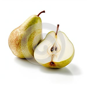 Fresh organic ripe raw pear and a pear cut in half and a green leaf on white background Generative AI Illustration