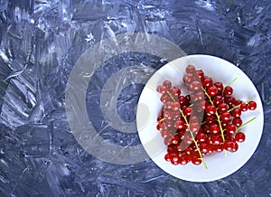 Fresh organic ripe red currant berries on grey white background