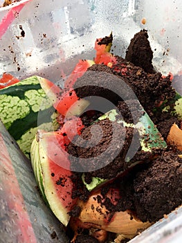 Fresh organic rubbish with currants in a small plastic bucket for recycling