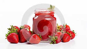Fresh organic strawberries are positioned around homemade strawberry jam or preserves in a mason jar. white backdrop
