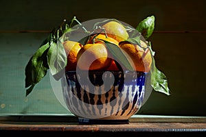 Fresh organic tangerines with leaves in bowl in bright sunlight with copy space. Still life with natural tropical fruit