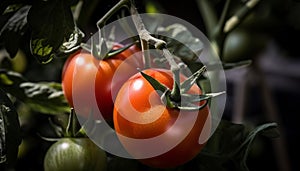 Fresh organic tomato on wet green leaf generated by AI