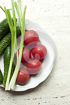 Fresh organic tomatoes and cucumbers with green onions on a white plate