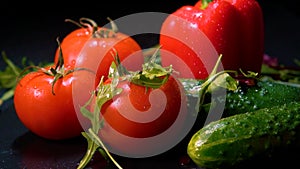 Fresh organic tomatoes, cucumbers and mixed salad on a dark background