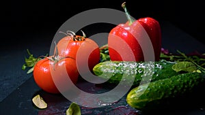 Fresh organic tomatoes, cucumbers and mixed salad on a dark background