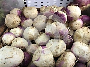 Fresh, organic turnips, brassica Rapa subs, on display at a farmer\'s market stall in the Saudia