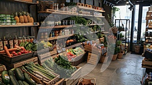 Fresh and organic vegetable and eco-friendly products displayed at a trendy market store