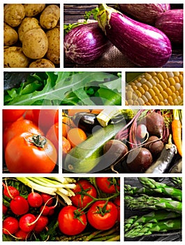 Fresh organic vegetables assortment collage background