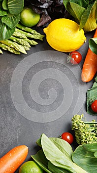 Fresh organic vegetables background on table, Healthy food concept top view.