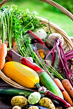 Fresh Organic Vegetables in basket. Autumn Harvest Concept