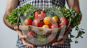 Fresh organic vegetables in a basket held by hands. healthy food concept. close-up of natural produce. ideal for farm