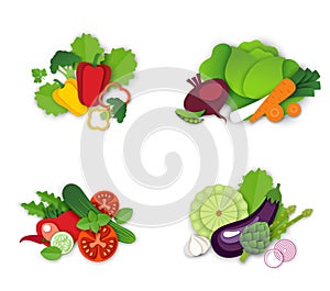 Fresh organic vegetables composition set, vector isolated illustration in paper art style. Healthy vegetarian food.