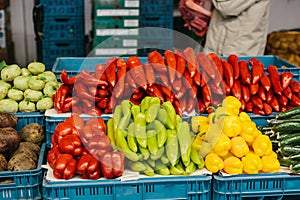 Fresh and organic vegetables at farmers market. Natural produce. Paprika. Pepper.