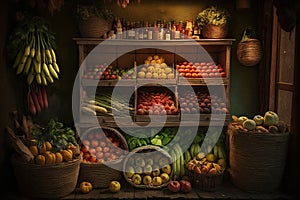 Fresh organic vegetables and fruits on the farmer\'s market shelf. Healthy food market concept. Generative AI