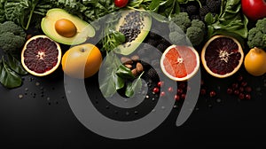 Fresh organic vegetables fruits harvest background. Organic garden vegetables on the dark background