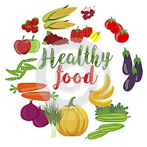 Fresh organic vegetables and fruits with healty food text