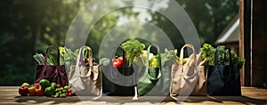 Fresh organic vegetables and fruits pouring out of a reusable bag illuminated by sunlight, ideal for healthy lifestyle and