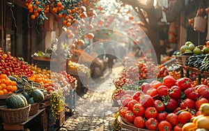 Fresh organic vegetables and fruits on sale at the local farmers market.