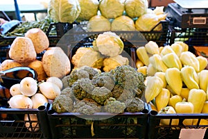 Fresh organic vegetables and fruits on sale at the local farmers summer market outdoors. Healthy organic food concept.