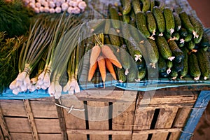 Fresh organic vegetables and fruits on sale at the local farmers summer market outdoors. Healthy organic food concept