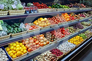 Fresh organic Vegetables and fruits on shelf in supermarket, farmers market. Healthy food concept. Vitamins and minerals.