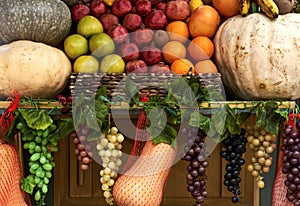 Fresh organic Vegetables and fruits on shelf in supermarket, outdoor