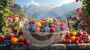 Fresh organic vegetables and fruits in wicker basket in the garden