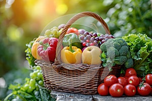 Fresh organic vegetables and fruits in wicker basket in the garden