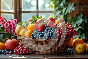 Fresh organic vegetables and fruits in wicker basket in the garden